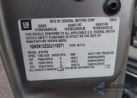 2003 GMC Yukon Slt from USA, damaged, VIN 1GKEK13Z33J115971